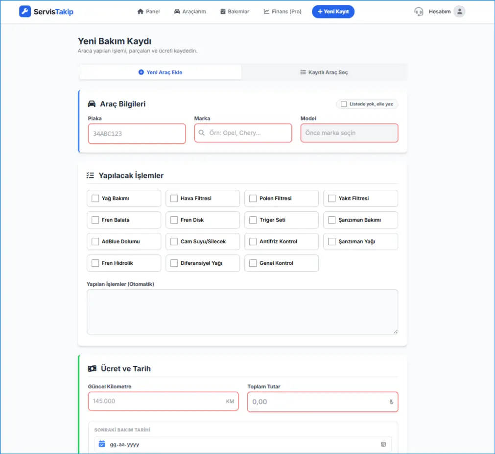 Hızlı Bakım Kaydı
